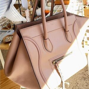 Celine Tan/Blush Leather Tote with Braided Zip Pull